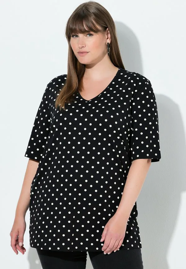 

Футболка с v-образным вырезом в горошек Ulla Popken, Black, Черный, Футболка с v-образным вырезом в горошек Ulla Popken, Black