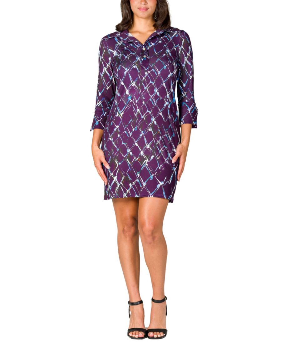 

Женское мини-платье с фиолетовым принтом и рукавами три четверти 24seven Comfort Apparel, Purple Multi