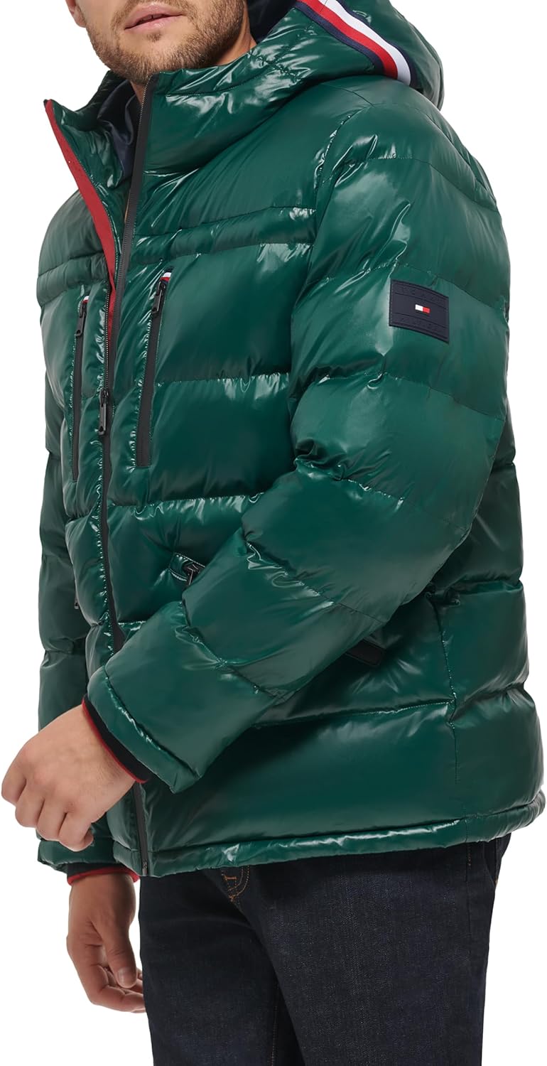 Мужская блестящая стеганая куртка Tommy Hilfiger Mens с логотипом средней толщины, Green — фото 3
