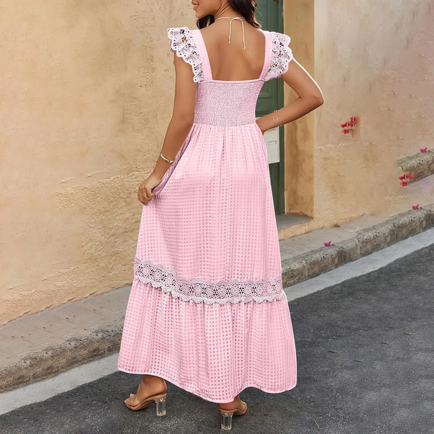 Летние длинные платья-макси с присборенной отделкой, кружевом, оборками, короткими рукавами, квадратным вырезом, перфорацией, А-силуэтом, струящимся летним платьем Generic, розовый — фото 3
