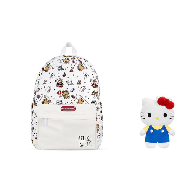 

Sanrio Полиэстеровый рюкзак средний женский белый, Hellokitty-Black Leather Print-White+Blue Pendant