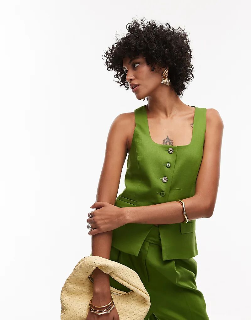 

Жилет Topshop coord премиум-класса для гостей на свадьбу с круглым вырезом, удлиненный, зеленого цвета