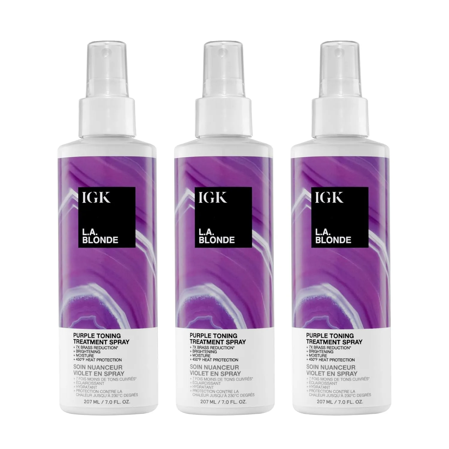 IGK L.A. Blonde Purple Toning Treatment Spray набор 3 шт - тонирующий спрей с фиолетовым пигментом для нейтрализации желтизны, осветления блонда, увлажнения и термозащиты до 450°F, веганский и безопасный для окрашенных волос