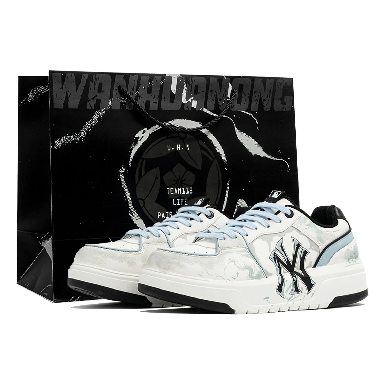 MLB Кроссовки для скейтбординга мужские низкие Chunky Liner Kaleidoscope, Splash, Shopping Bag, устойчивые к истиранию, бело-синие — фото 3
