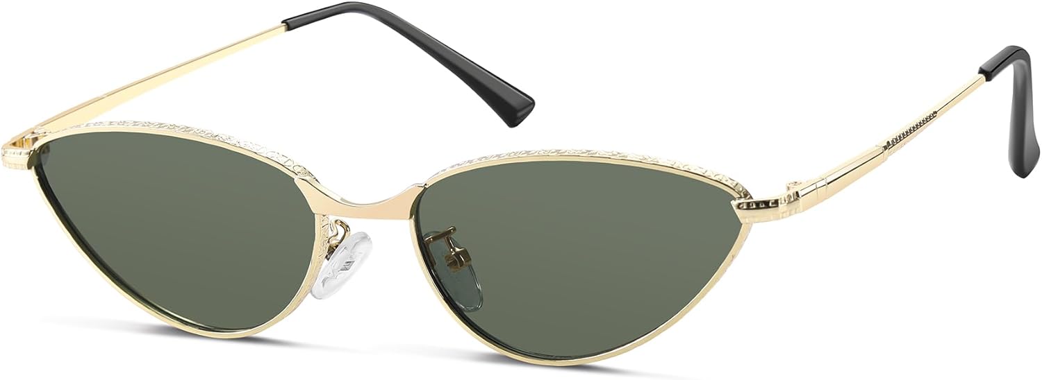 

Длинные модные овальные солнцезащитные очки «кошачий глаз» для женщин в стиле ретро 90-х, маленькие стильные солнцезащитные очки «кошачий глаз» в металлической оправе A2267 A LONG, Gold/Green Lens