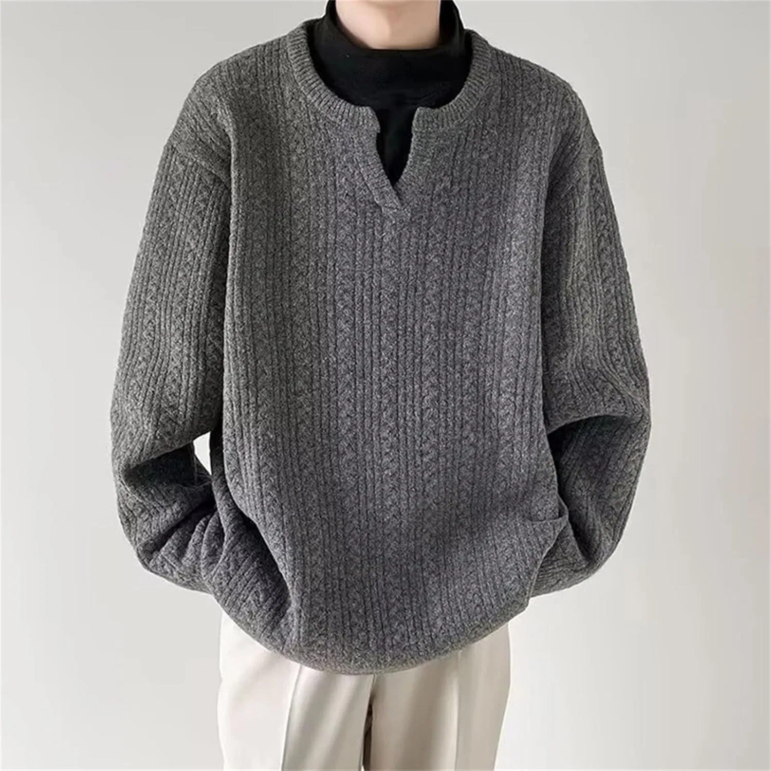 Мужской однотонный повседневный свитер Trendy Crochet Knitted Vintage с длинными рукавами и V-образным вырезом Generic, синий — фото 3