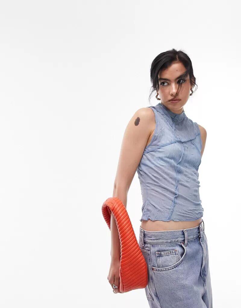 

Синий жатый топ на бретелях Topshop
