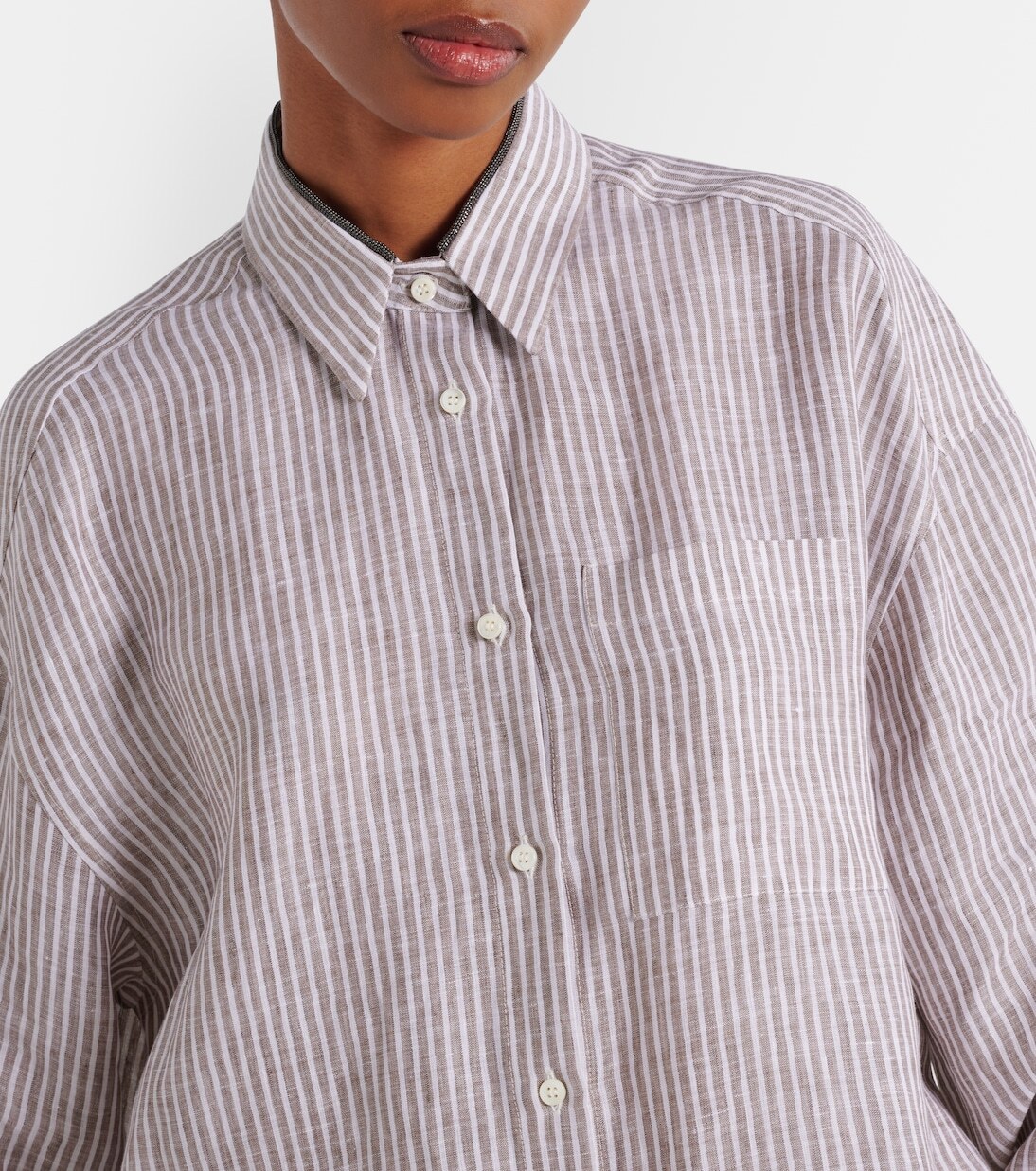 Полосатая льняная рубашка Monili Brunello Cucinelli, Brown And White — фото 4