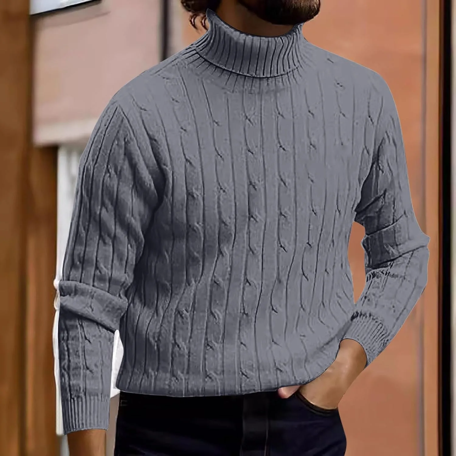 Мужской вязаный свитер с воротником-стойкой Slim Fit, осенне-зимний, винтажный, полосатый, с длинными рукавами — фото 2