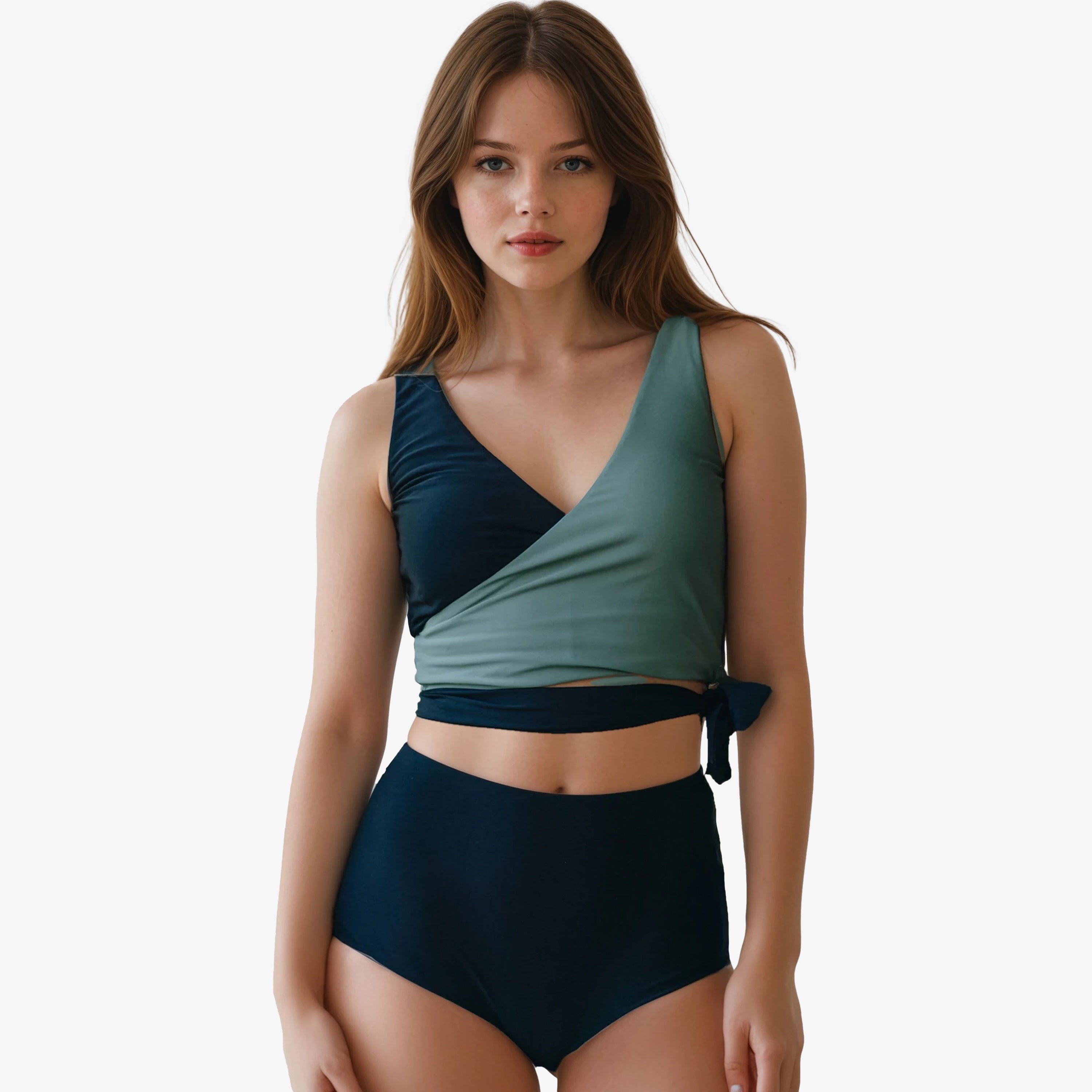 

Женский плюс размер топ для плавания Emery Wrap со съемными чашками и бикини-низ Calypsa, черный/зеленый