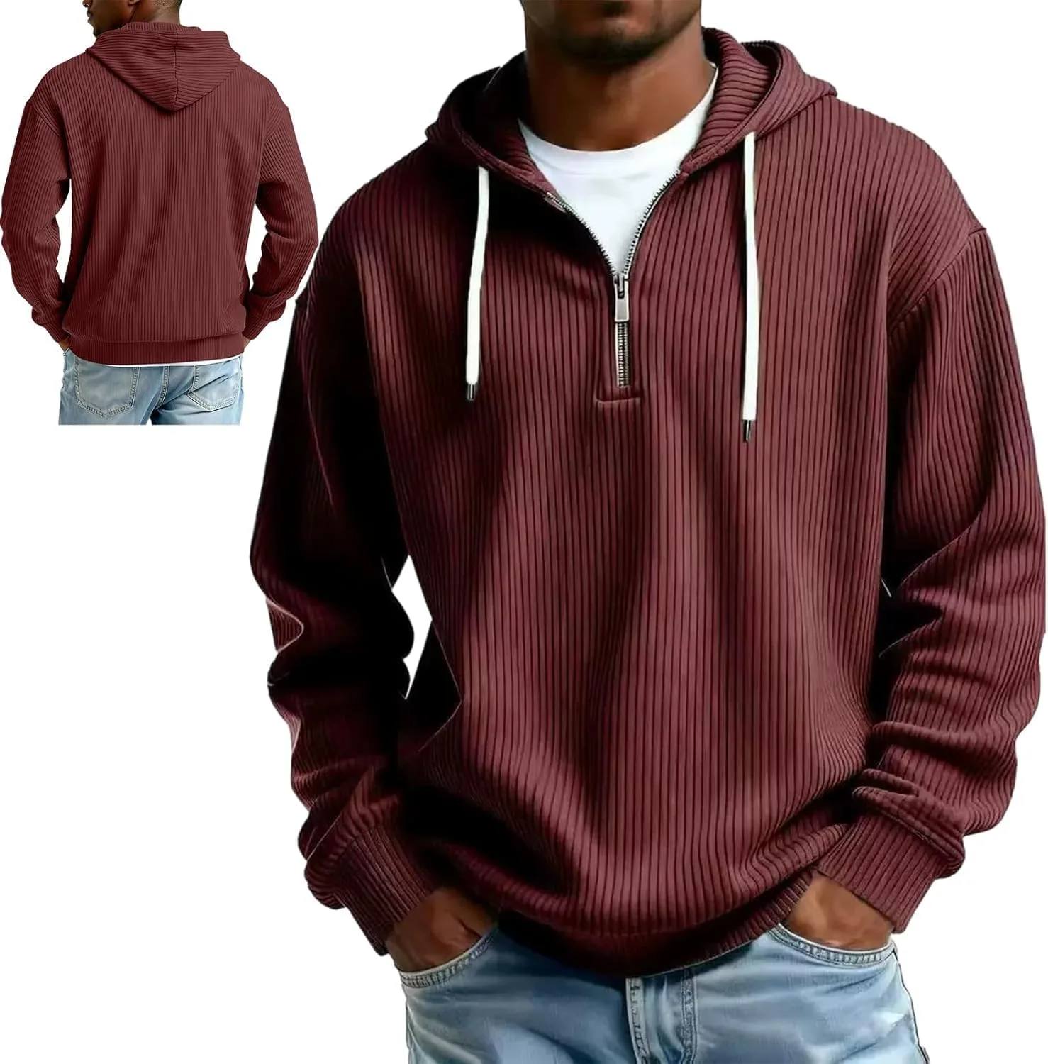 

Мужская вельветовая худи с молнией на четверть, с длинными рукавами и шнурком TYGHBN