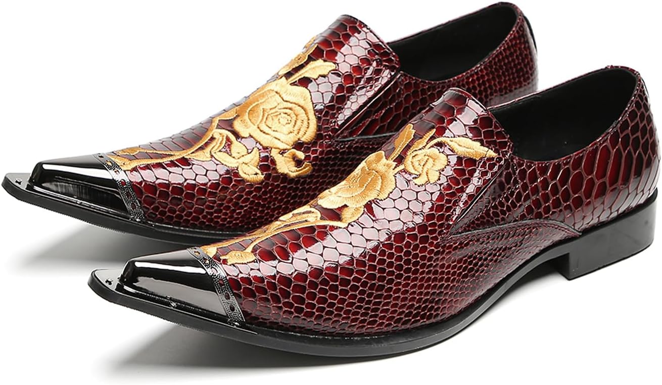 

Мужские слипоны Santimon - деловые и повседневные лоферы, вышитый узор «Роза и змея», лаковая кожа, мокасины для вечеринок, выпускного, свадьбы и дискотеки, красный