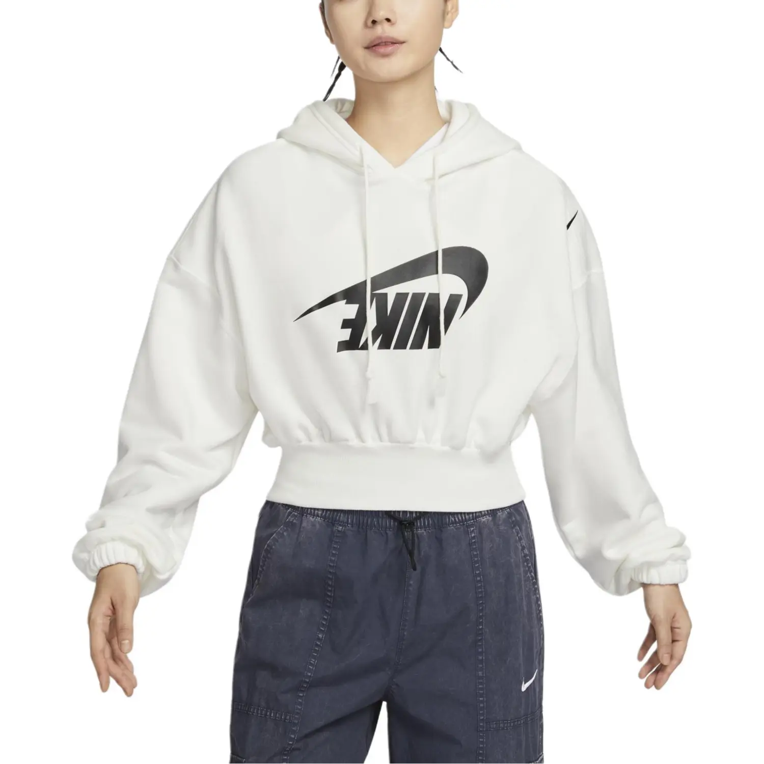

Футболка женская спортивная оверсайз укороченная с капюшоном Nike, цвет Canvas White/Black