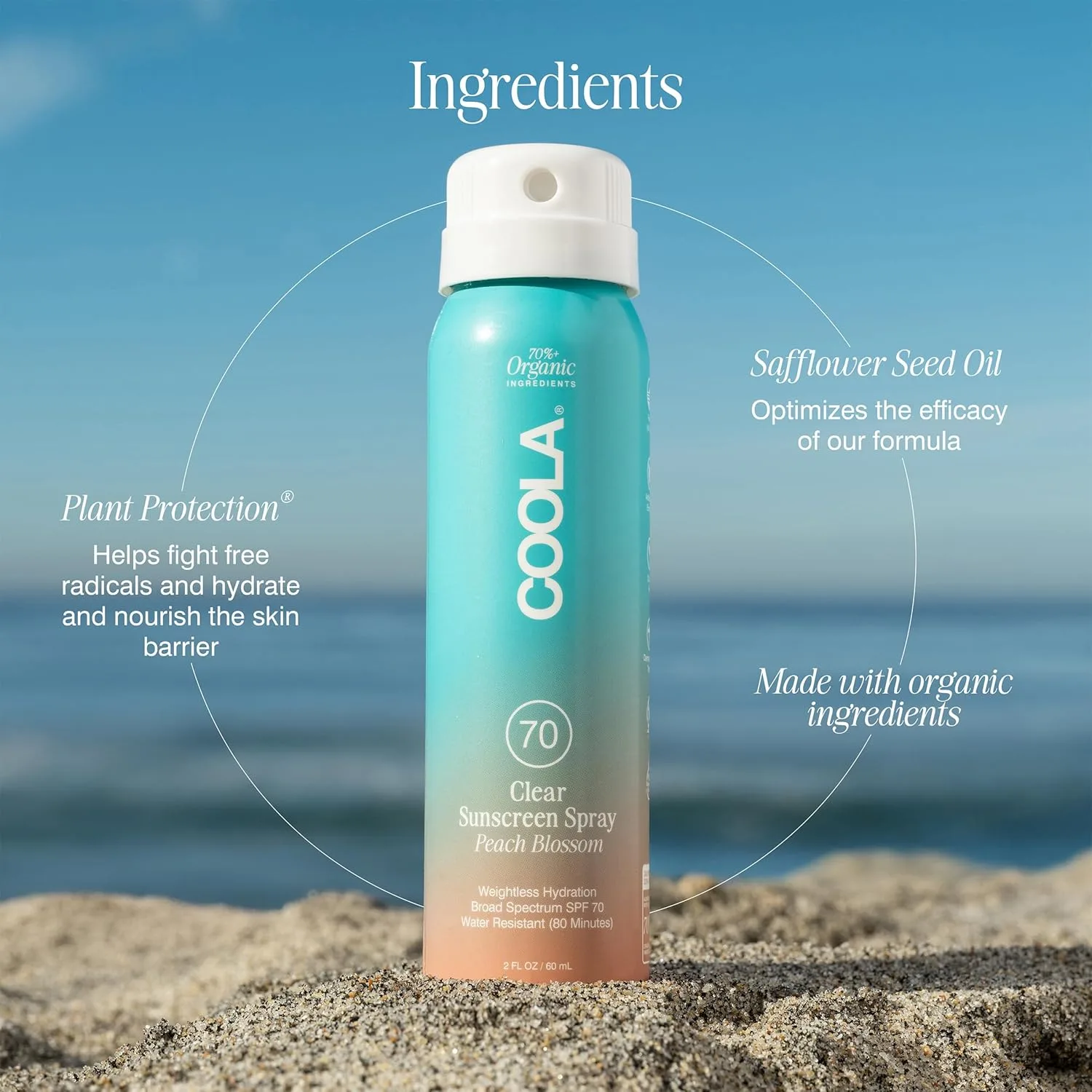 Солнцезащитный спрей COOLA Organic Sunscreen SPF 70, протестирован дерматологами, обеспечивает ежедневную защиту кожи, подходит для веганов и не содержит глютена, аромат персикового цветка. 59 мл (1 шт.) — фото 4
