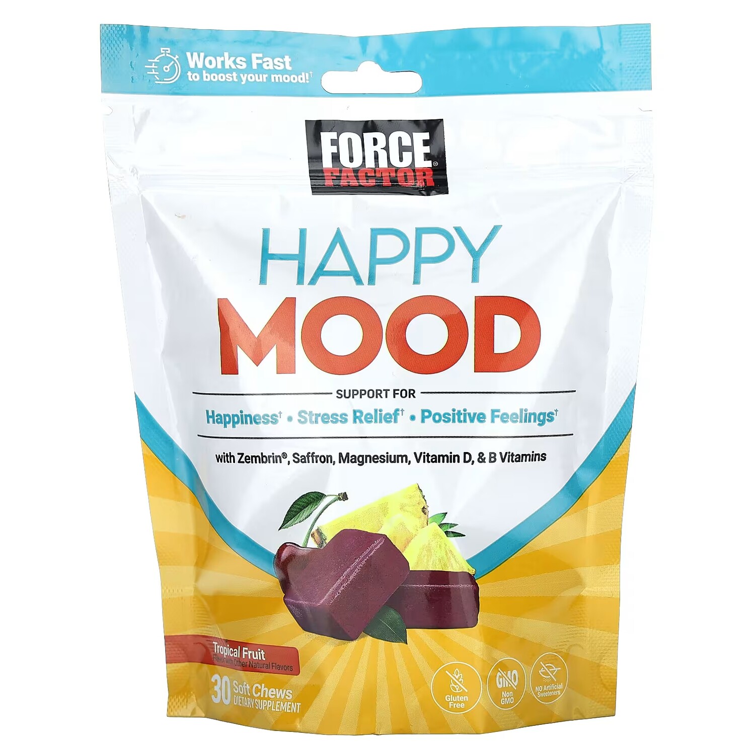 

Добавка Force Factor Happy Mood Tropical Fruit, 30 жевательных таблеток