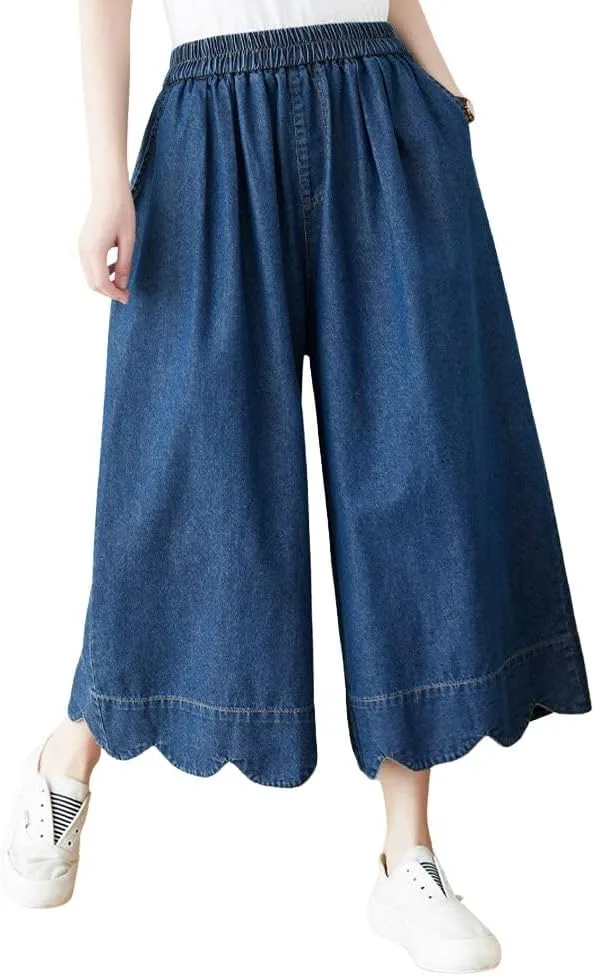 

Chouyatou Женские джинсы-капри с волнистым подолом и эластичным поясом