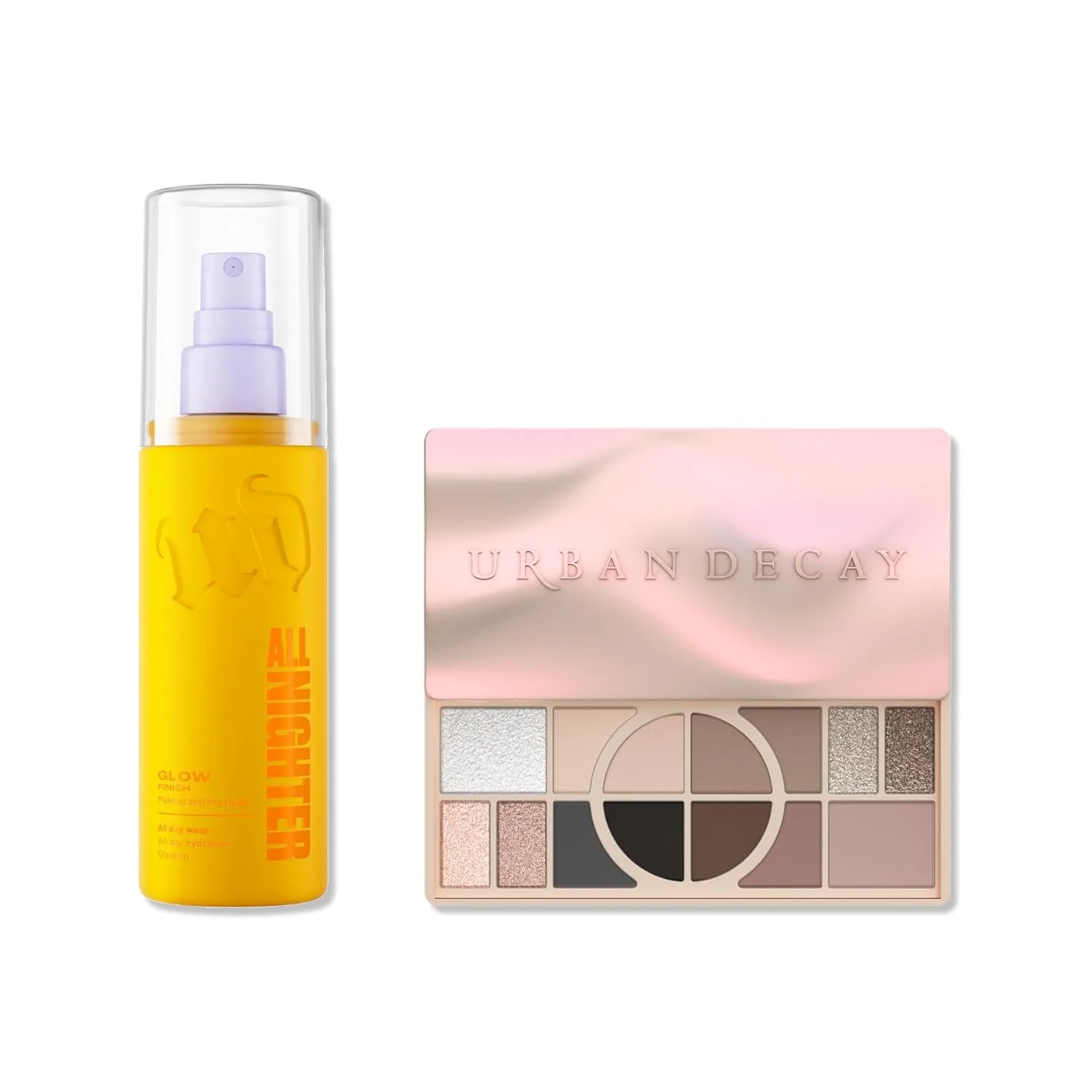Набор Urban Decay Naked Shaped Cool Palette & Dewy Setting Spray Bundle - Multi-Usable Neutrals - All Nighter Waterproof Setting Spray Glow (4 Fl Oz) для стойкого макияжа глаз и лица.