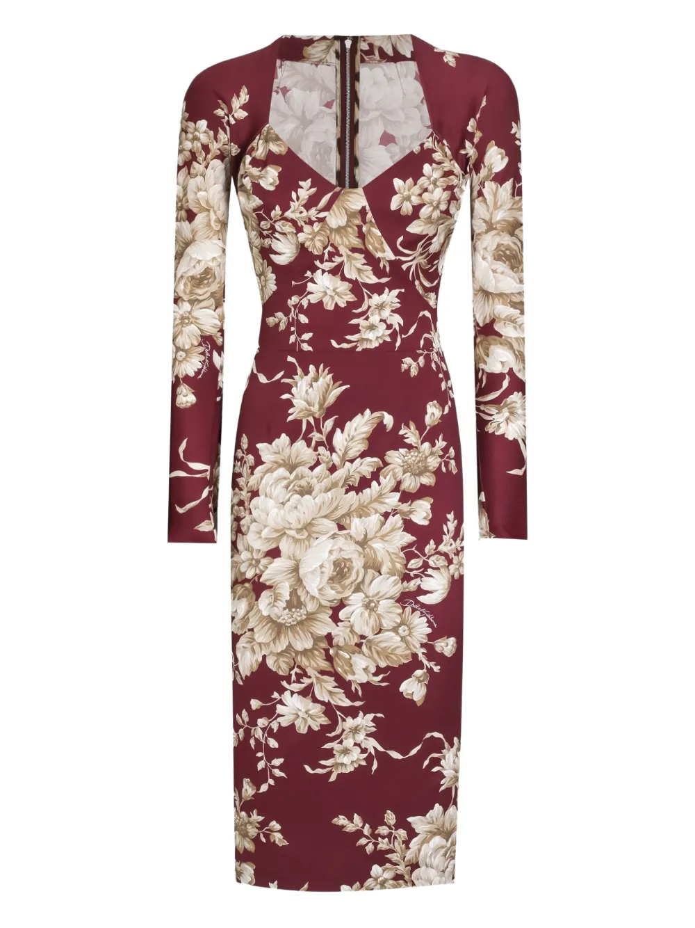 Платье миди с цветочным принтом и длинными рукавами DOLCE & GABBANA, красный