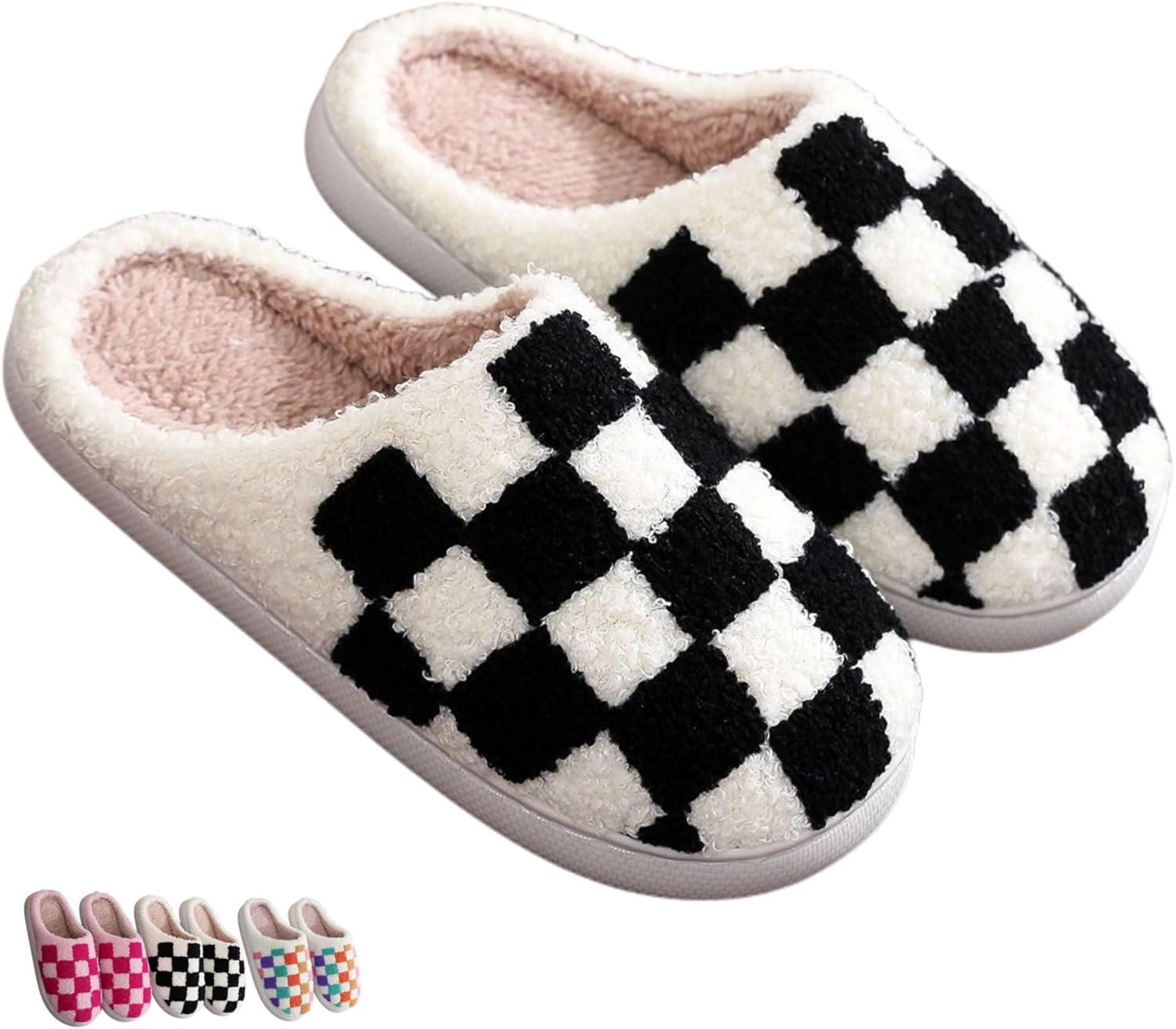 

Клетчатые домашние тапочки для женщин и мужчин, мягкие флисовые зимние теплые плюшевые тапочки на скользкой подошве, удобные и уютные для пары, для использования дома и в спальне Iwhgrmp, черный
