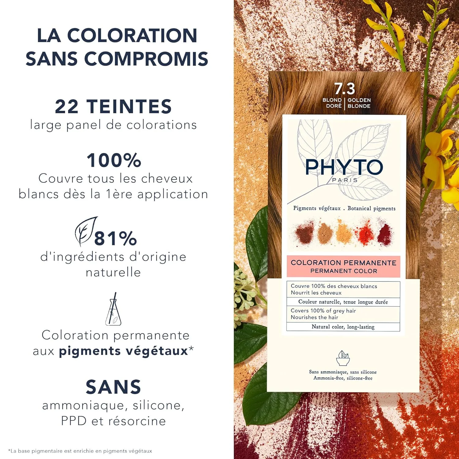 Стойкая краска для волос PHYTO Phytocolor с растительными пигментами, 100% закрашивание седых волос, без аммиака, без PPD, без резорцина, 0,42 унции. 11.91 г (1 шт.), 7.3 Golden Blonde — фото 2