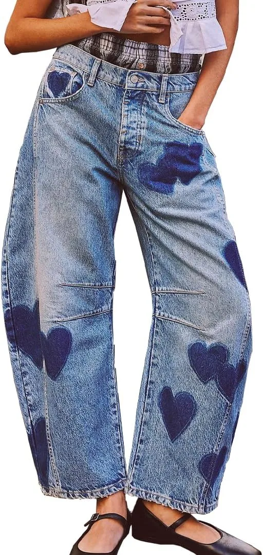 

Женские джинсы barrel с принтом в виде сердечек, широкие, укороченные MIFJNF