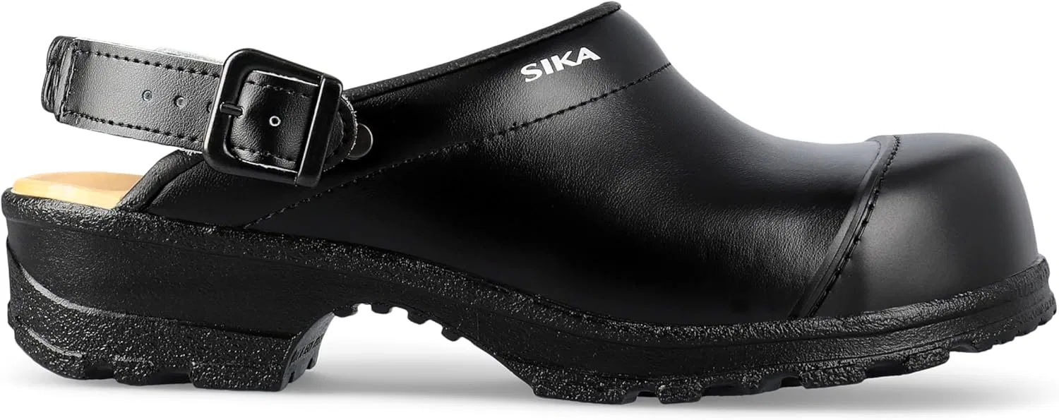 Сабо унисекс SIKA для медицинских работников, для личной гигиены для кухонь с Zehenkappe, rutschfeste Clog для Krankenhäuser, Leichte Lederschuhe, bequeme Schuhe für das Gastgewerbe (HORECA), Black