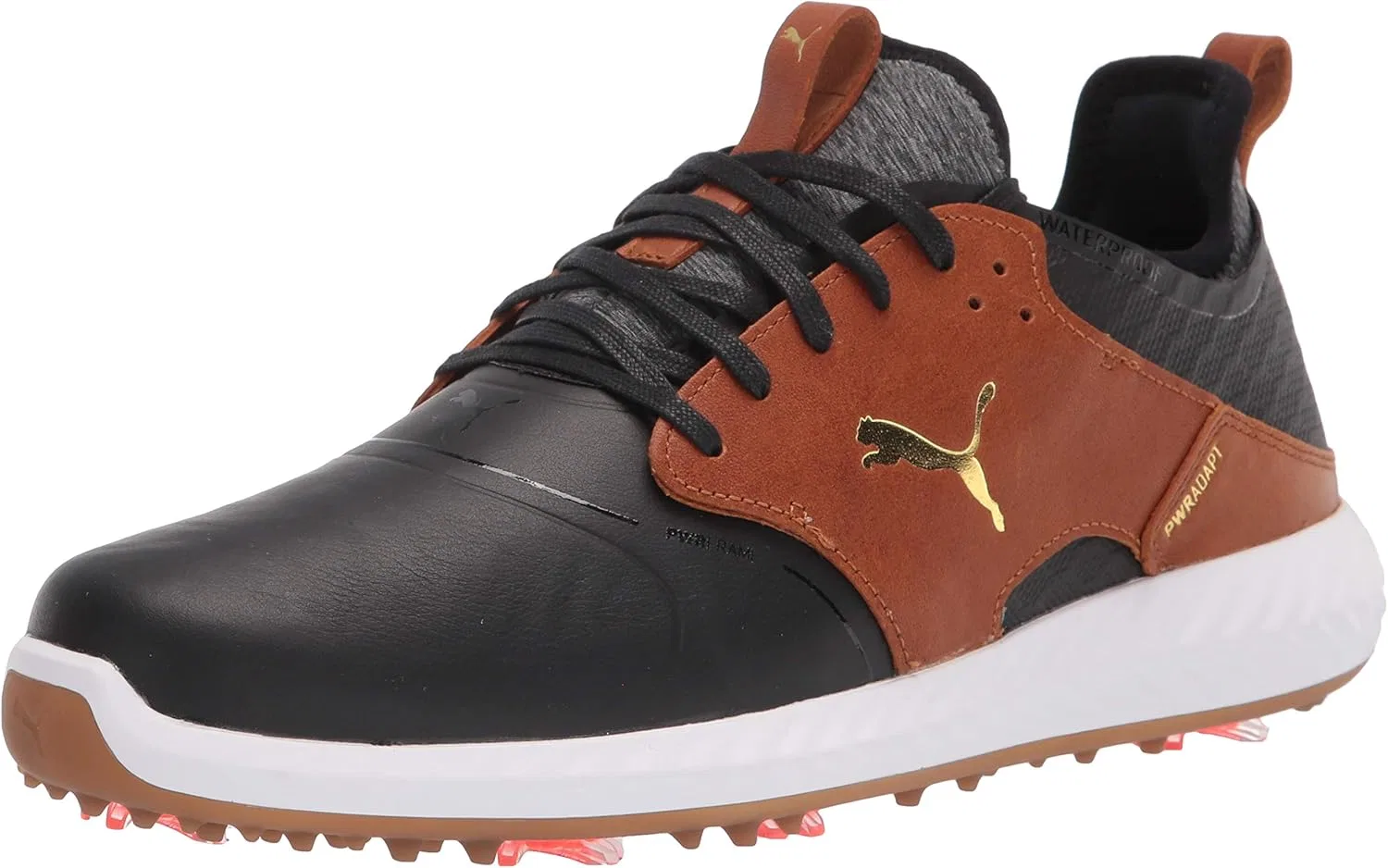 Мужские гольф-кроссовки PUMA Ignite Pwradapt Caged Crafted, Puma Black Leather Brown Puma Team Gold
