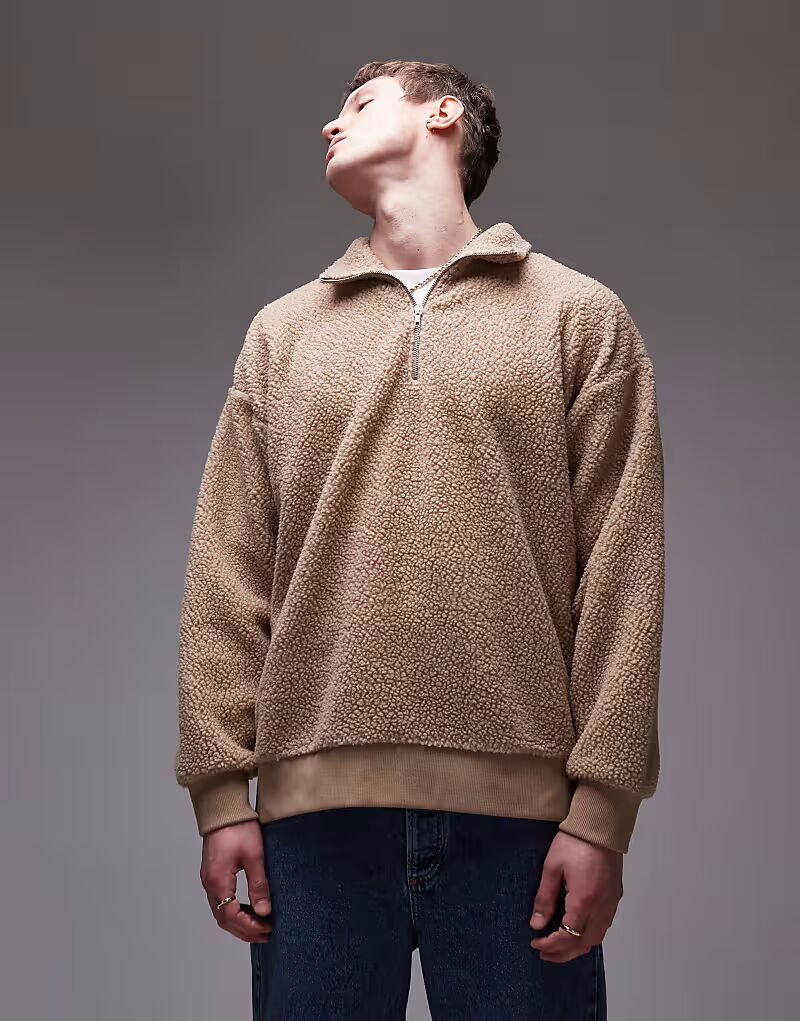 

Толстовка Topman Borg с застежкой-молнией на четверть дюйма в цвете Stone