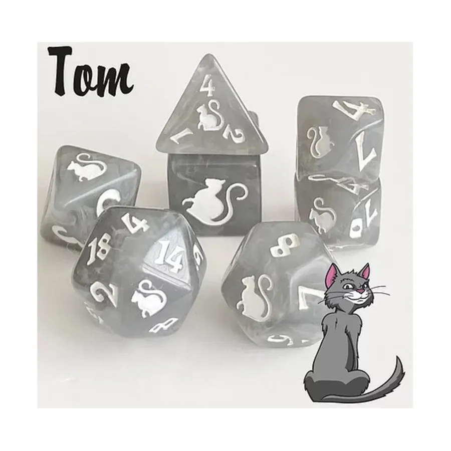 

Набор кубиков — Том, серый водоворот с белым (7), Kitty-Clacks Dice