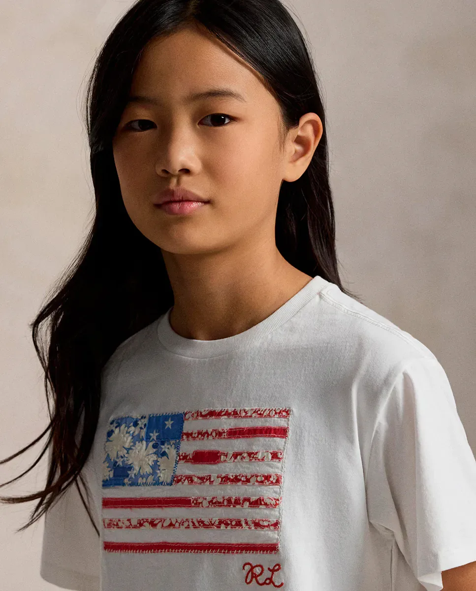 Детская трикотажная футболка из хлопка с флагом Polo Ralph Lauren, белый — фото 3