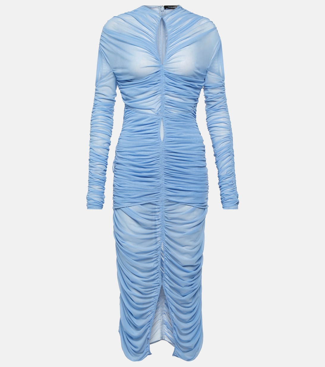

Платье миди из сетки с драпировкой и вырезом Mugler, Silver Blue