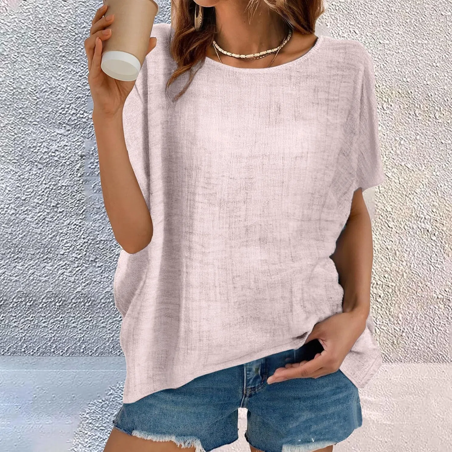 Блуза женская из хлопка с коротким рукавом, бренд Generic, цвет Coffee — фото 4