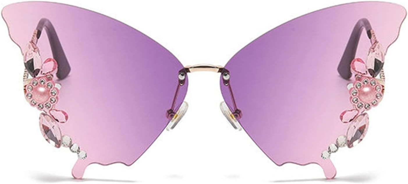 

Willochra Женские солнцезащитные очки без оправы Модные солнцезащитные очки с бабочками и бриллиантами Многоугольная безрамочная модель Солнцезащитные очки для вечеринок Защита от УФ-излучения, Purple