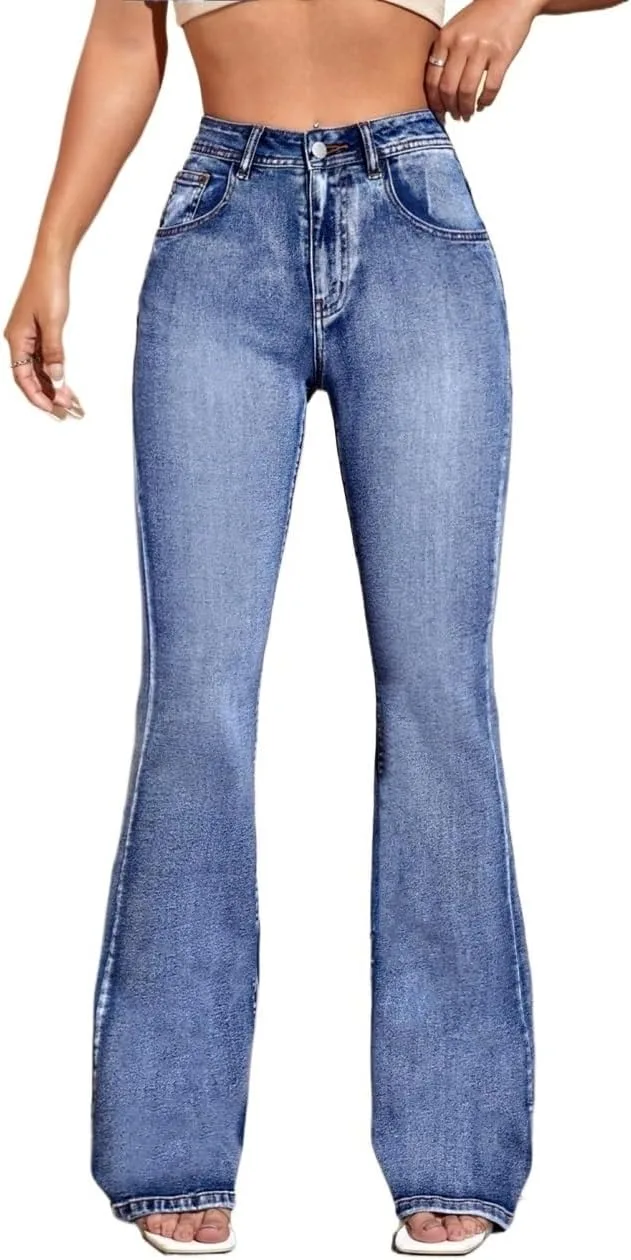 Женские классические джинсы с высокой талией и вышивкой на штанине Generic, Medium Wash