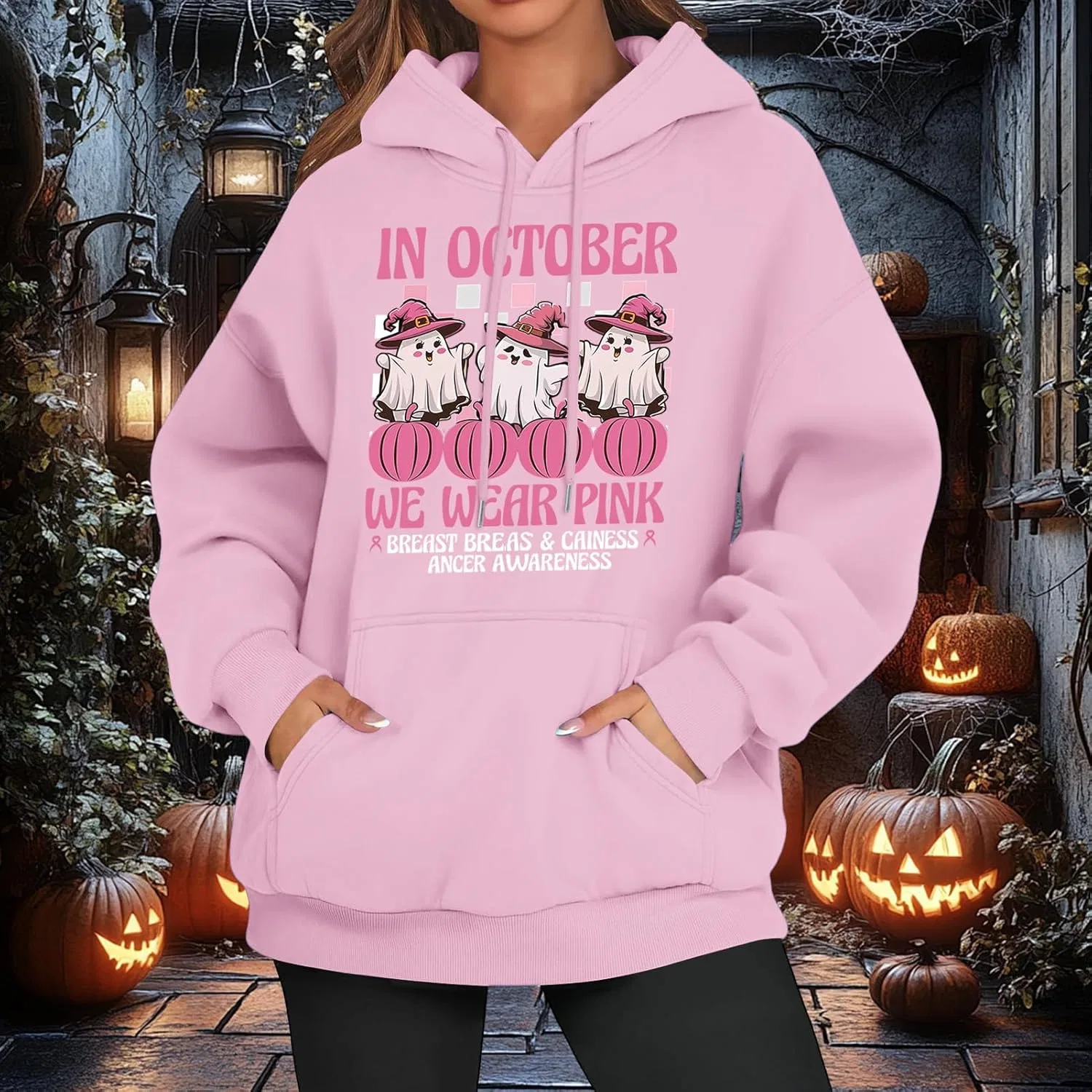 Худи женское с принтом Ghost Pumpkin Awareness Ribbon, Generic, Light Pink — фото 2