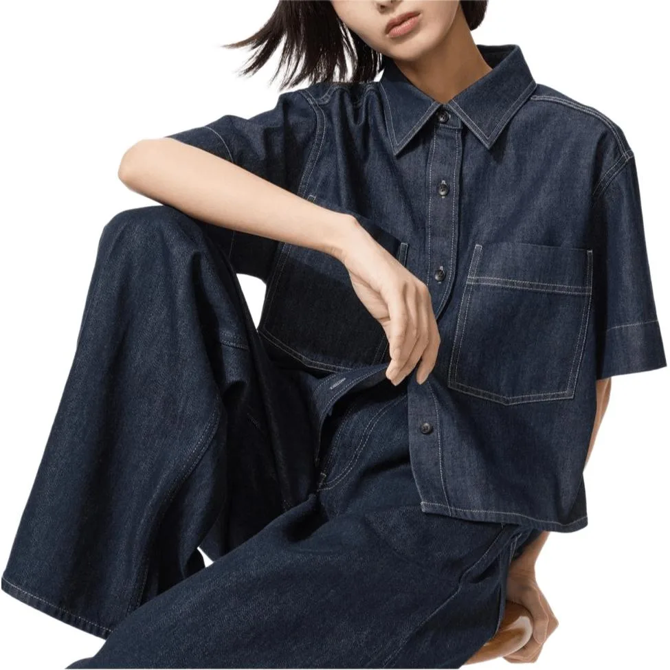 UNIQLO SS26 Рубашка женская с заостренным воротником, темно-синяя — фото 3