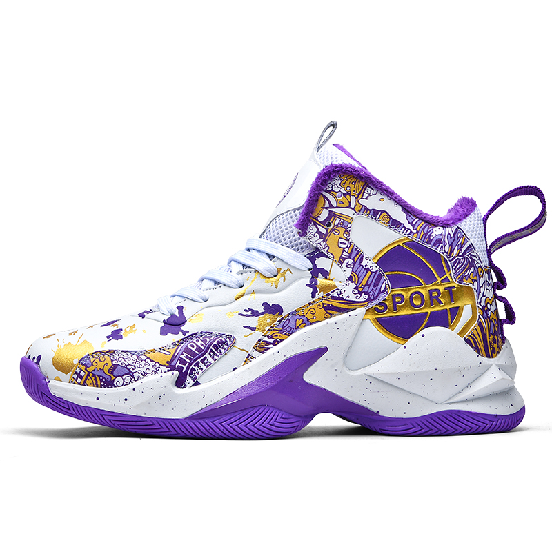 

MUSNODO Износостойкие термостойкие баскетбольные кроссовки Unisex высокие белые с фиолетовой подкладкой из флиса, цвет White and Purple Fleece-Lined