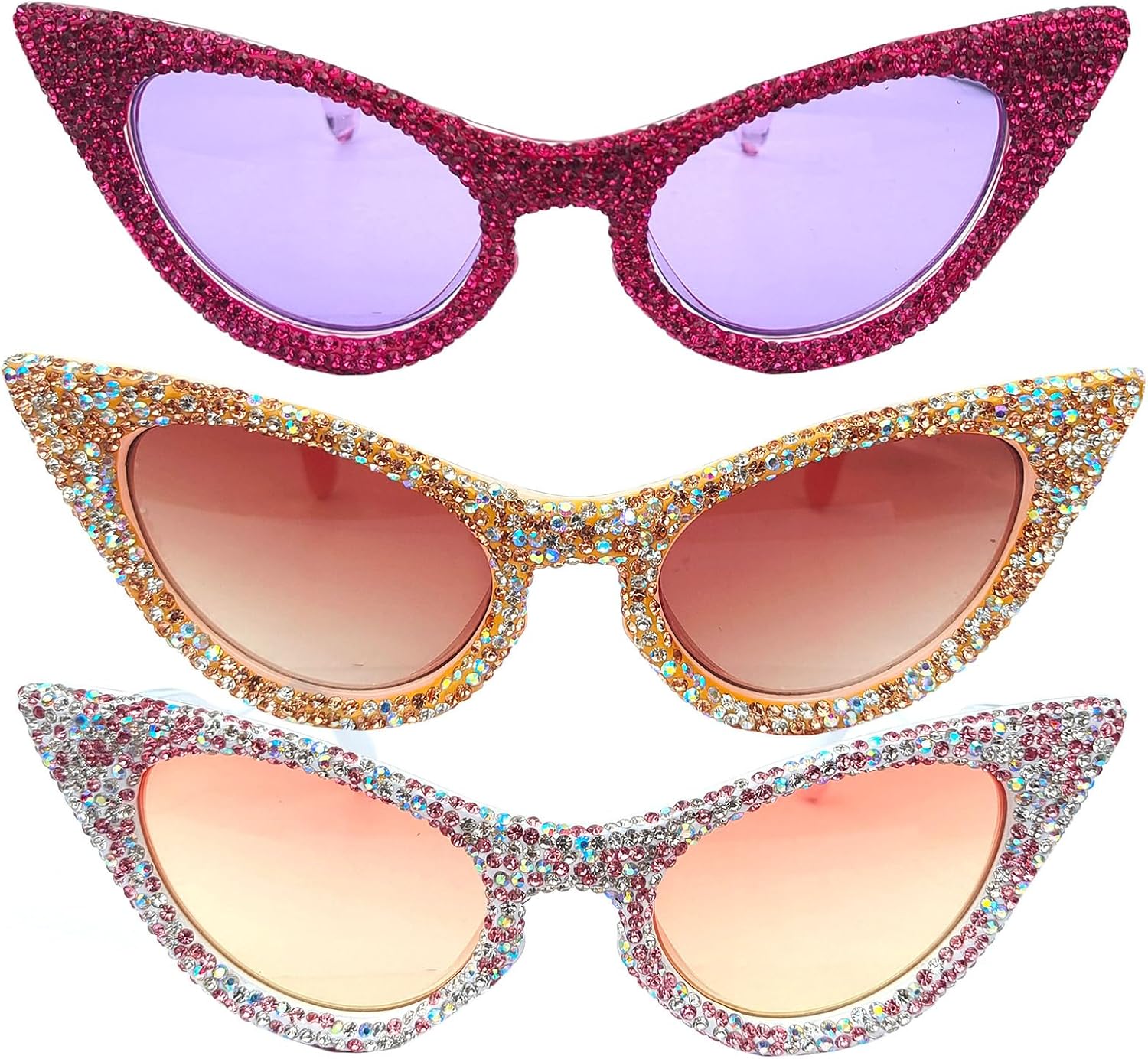 

COTIA Модные солнцезащитные очки «кошачий глаз» с бриллиантами, милые женские солнцезащитные очки с блестящими стразами и разноцветными кристаллами, 2pcs Purple+brown+colorful