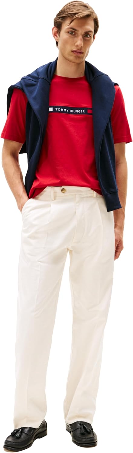 Мужские хлопковые футболки Tommy Hilfiger с коротким рукавом и фирменным логотипом в полоску, также доступны в размерах для больших и высоких женщин., Medium Red — фото 3