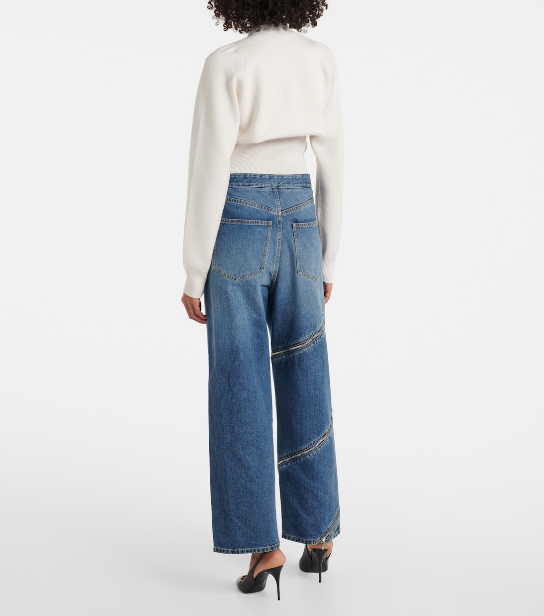 Джинсы с широкими штанинами на молнии Alaïa, Bleu Vintage — фото 3