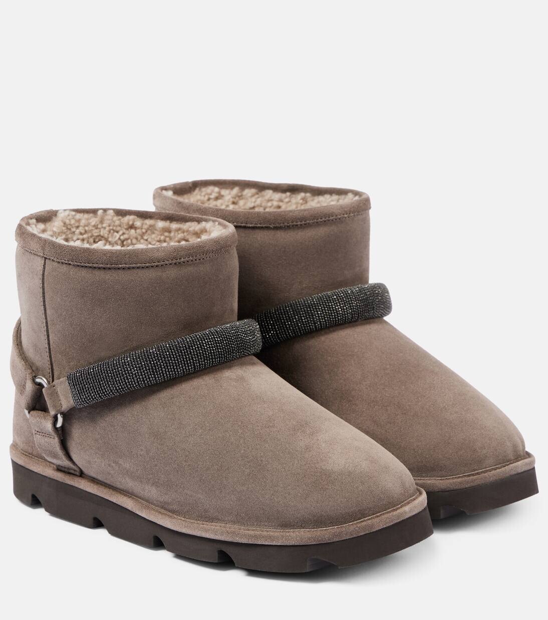 Ботинки из замши с отделкой из овчины Brunello Cucinelli, цвет ossido