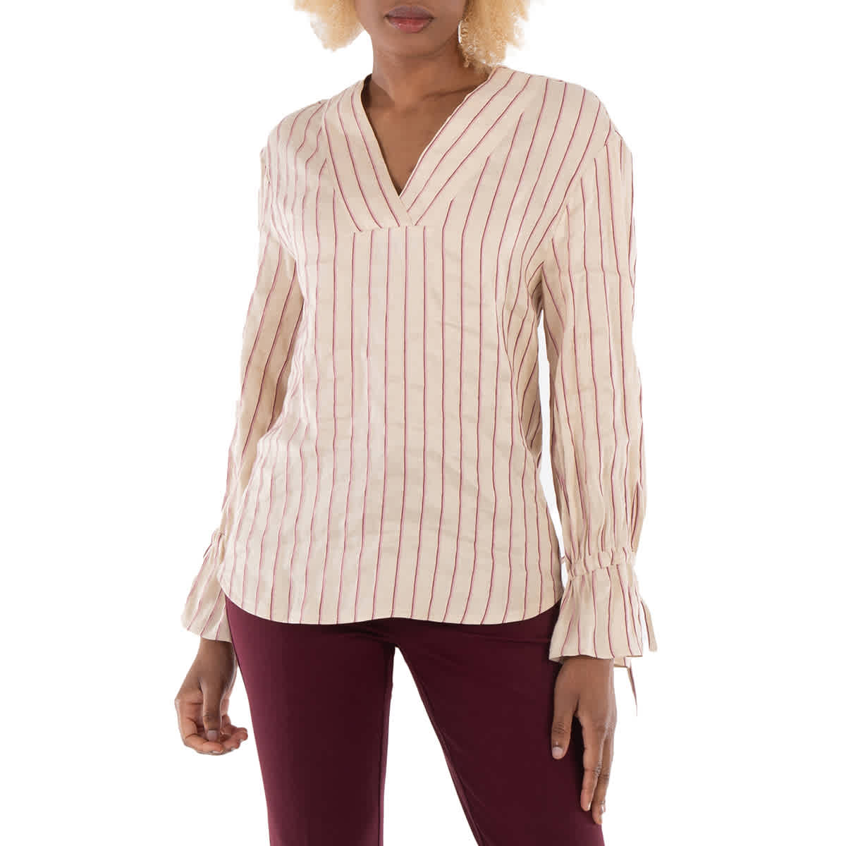 

Benjamin Benmoyal Женская бежевая полосатая льняная рубашка с V-образным вырезом