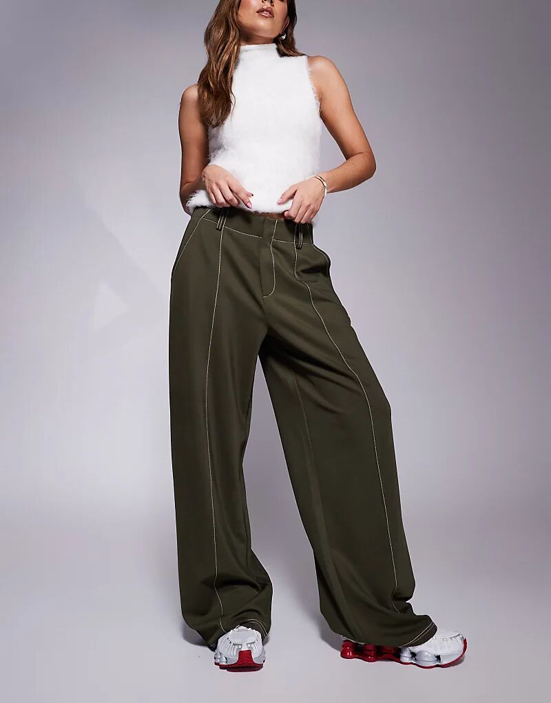 

Зеленые широкие брюки с декоративной отстрочкой ASOS DESIGN