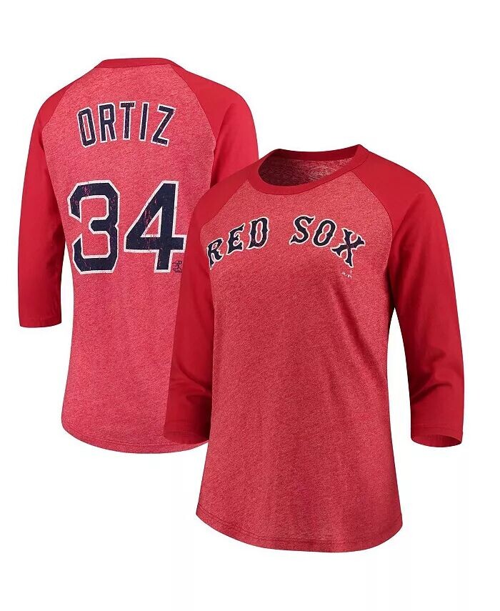 

Женская футболка David Ortiz Red Boston Red Sox с именем и номером, три четверти, футболка реглан длиной три четверти Majestic