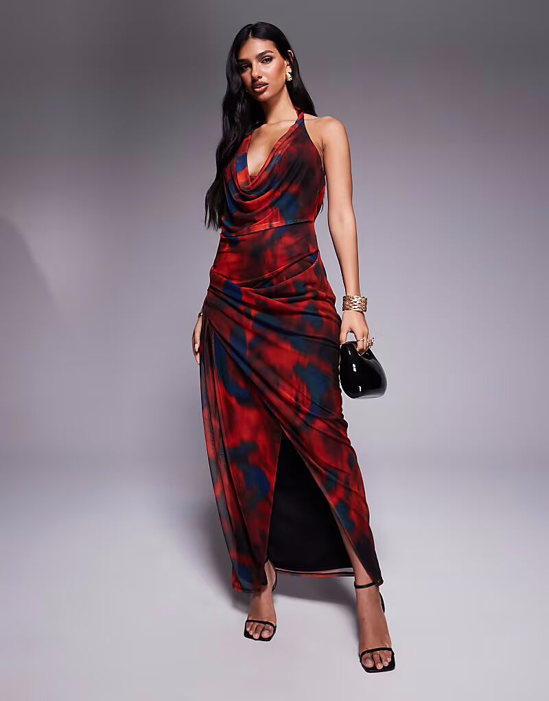 

Платье-миди из сетки ASOS DESIGN с глубоким вырезом на шее и юбкой-халатом с абстрактным принтом красного и синего цветов