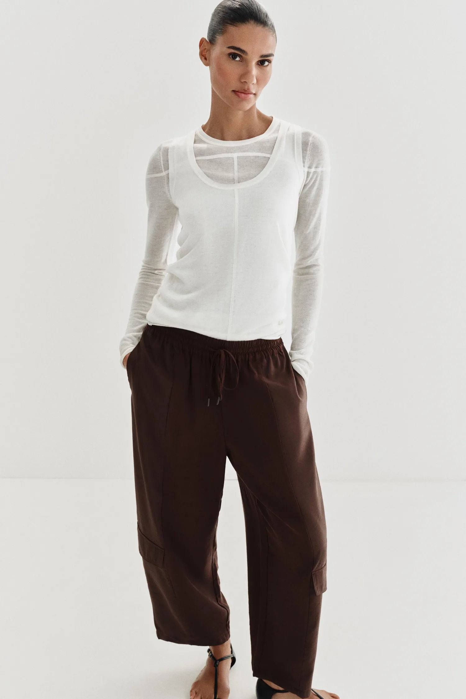 Контрастные брюки-бочки Zara, коричневый