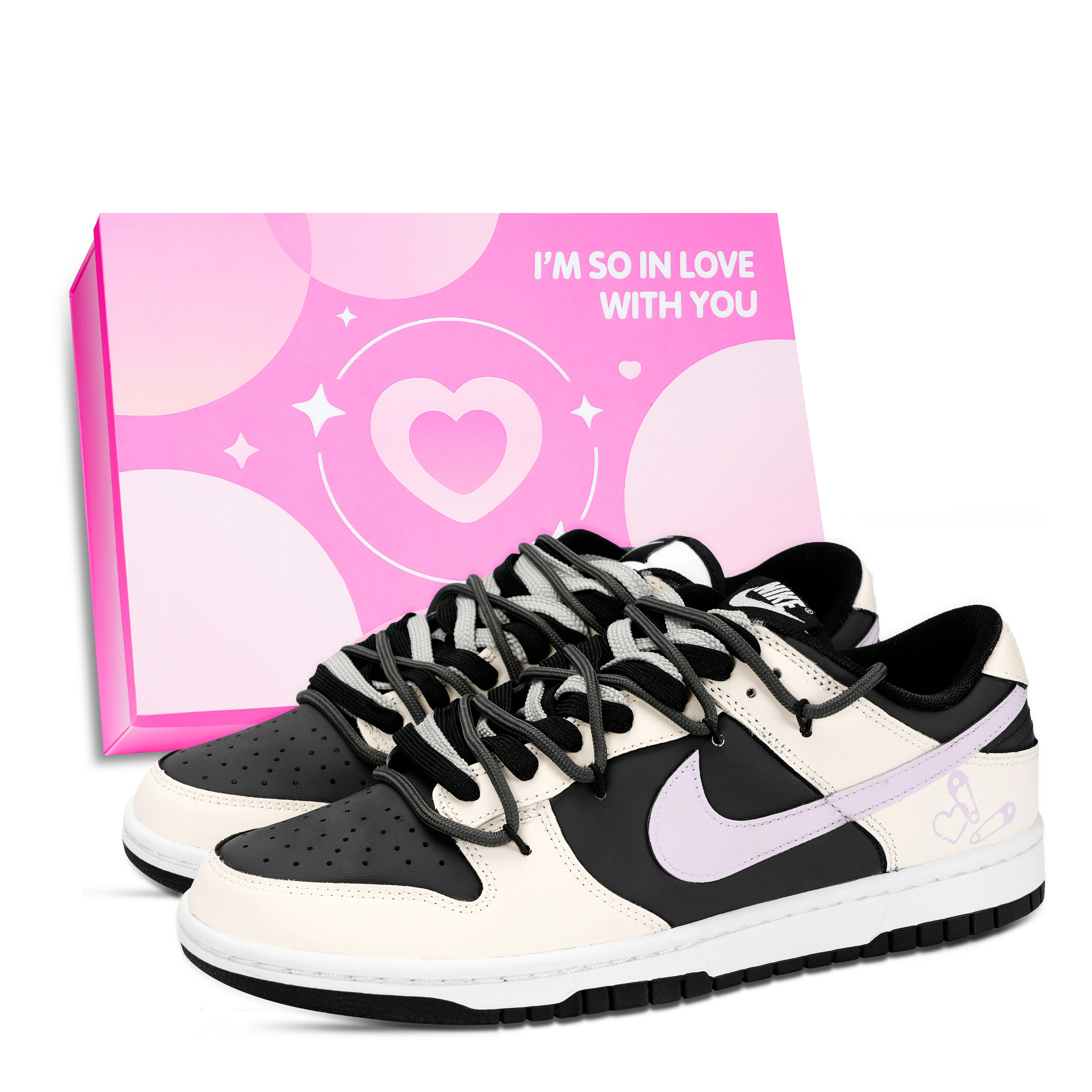 

Nike Кроссовки для скейтбординга Dunk Heart Pin Leather Slip Resistant Abrasion Resistant низкие унисекс White Pink Yellow