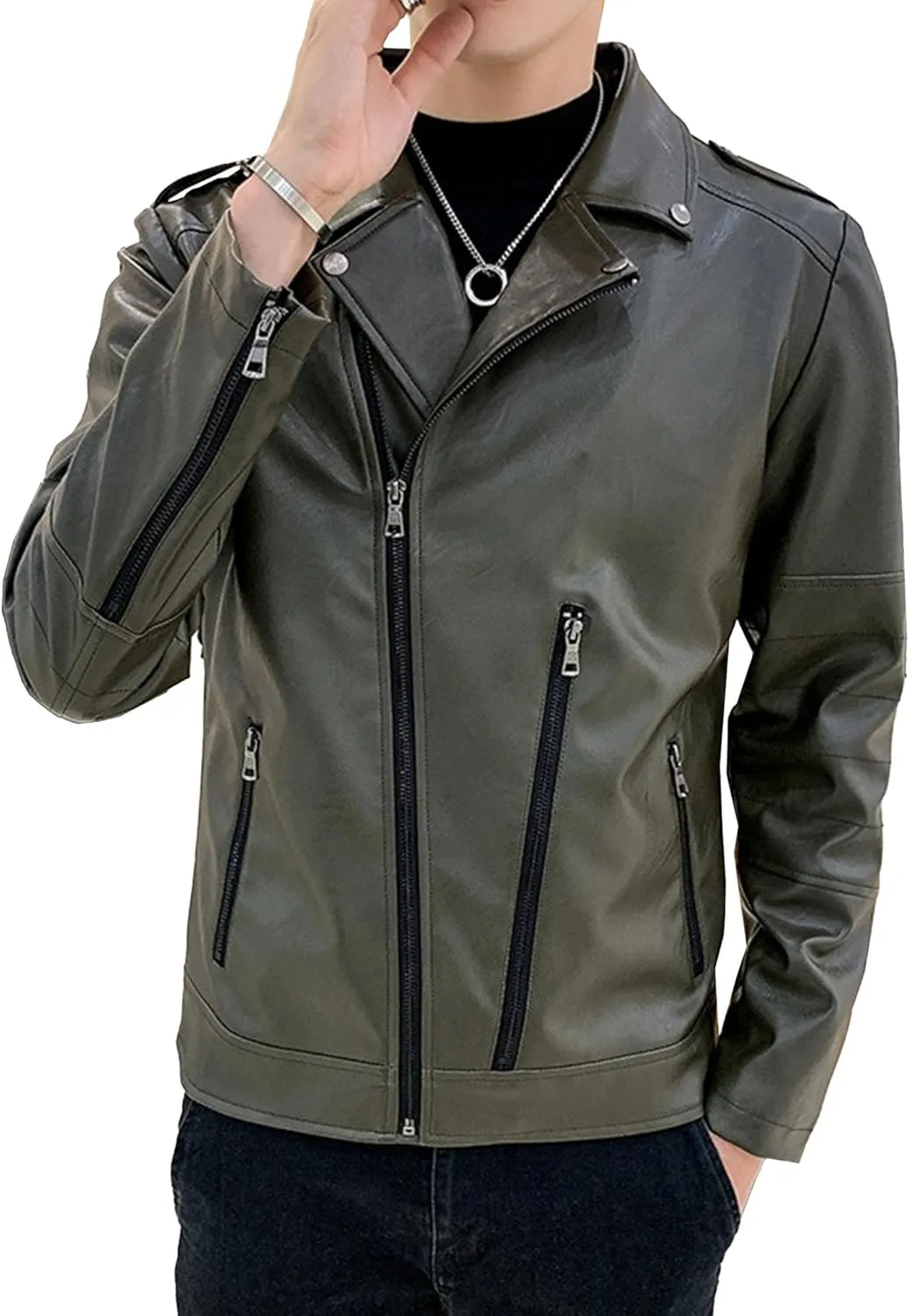 Мужская куртка-бомбер в стиле панк-байкер с двойным поясом, Slim Fit, из искусственной кожи для мотоциклистов Generic, зеленый