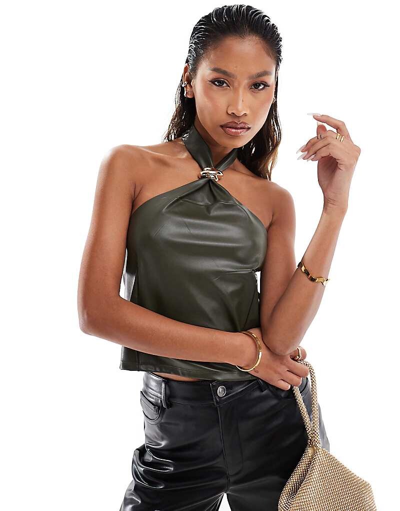 

Топ из искусственной кожи цвета хаки ASOS DESIGN с рюшами и золотой отделкой