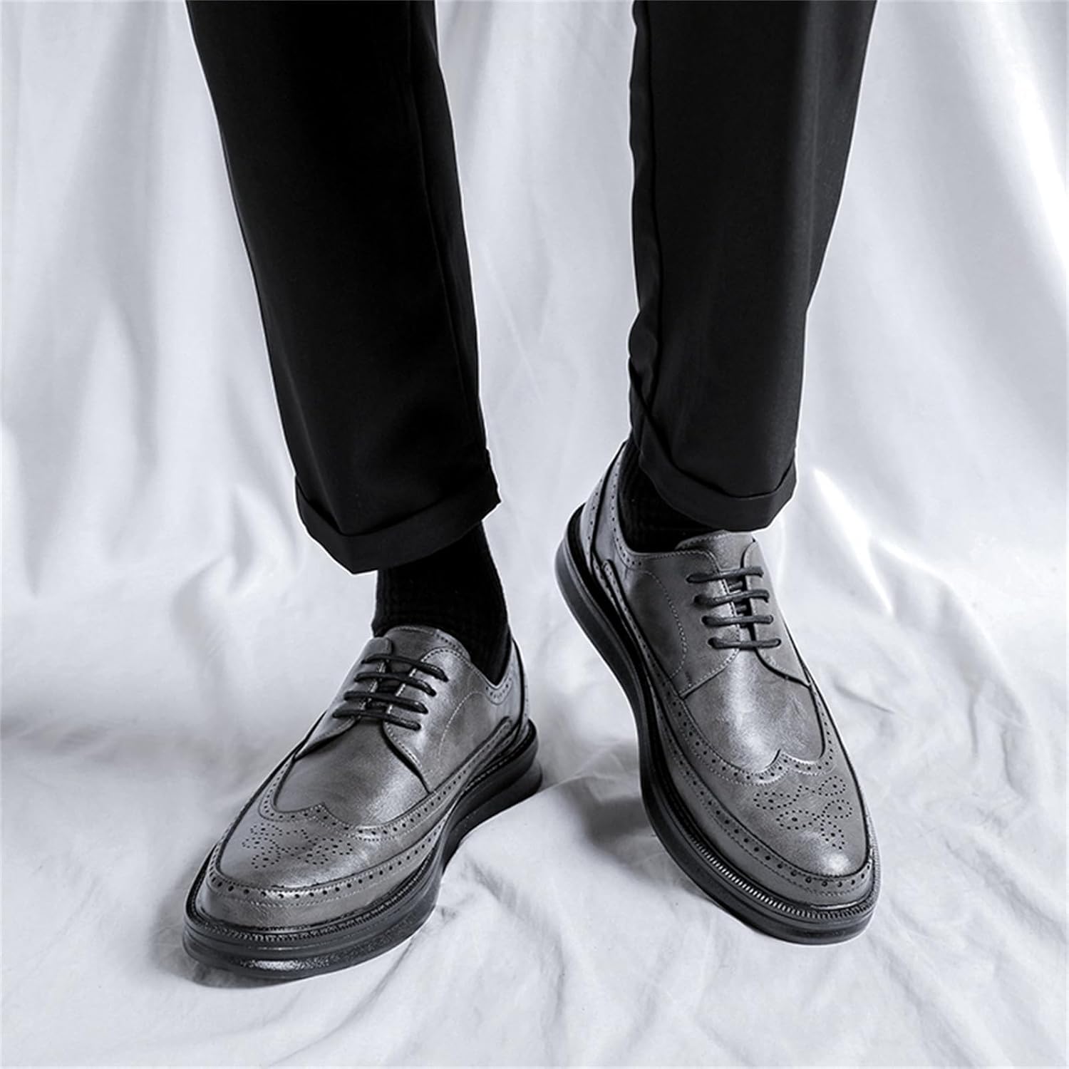 Мужские кожаные оксфорды с перфорацией Wingtip, дышащие, на шнуровке, с противоскользящей резиновой подошвой, ортопедическим комфортом для деловой одежды Jhfdioy, серый — фото 3